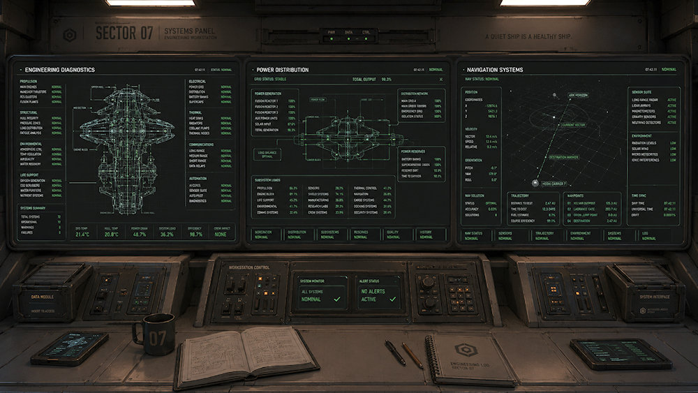 Área de trabajo — panel de sistemas de la nave